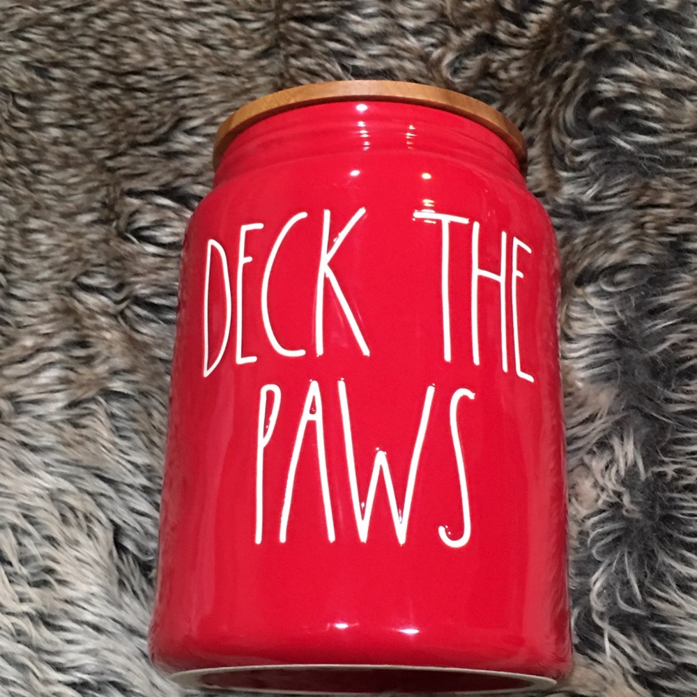 Rae Dunn red DECK THE PAWS canister wood lid Large NWT